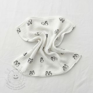 Dvojitá gázovina/mušelín Penguin white digital print ORGANIC