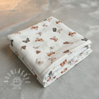 Dvojitá gázovina/mušelín Butterflies white digital print