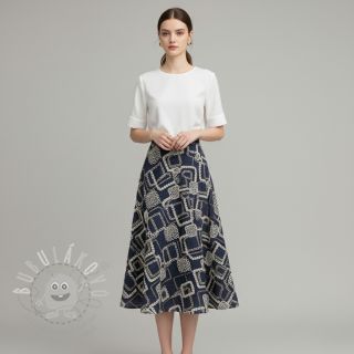 Bavlněná látka JEANS EMBROIDERY Square dark blue