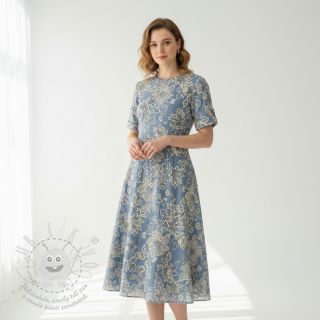 Bavlněná látka JEANS EMBROIDERY Bouquet light blue
