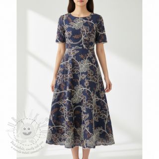 Bavlněná látka JEANS Embroidery leaves dark blue