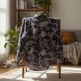 Bavlněná látka JEANS Embroidery leaves dark blue