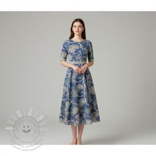 Bavlněná látka JEANS Embroidery leaves light blue