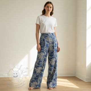 Bavlněná látka JEANS Embroidery leaves light blue