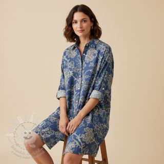 Bavlněná látka JEANS Embroidery leaves light blue