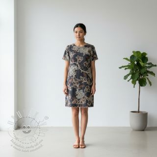 Bavlněná látka JEANS Embroidery leaves black