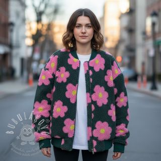 Kabátovina TEDDY JACQUARD Flowers army green/pink