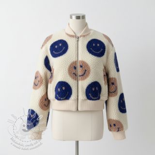 Kabátovina TEDDY JACQUARD Happy faces ecru