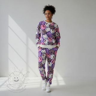 Teplákovina Happy faces purple digital print