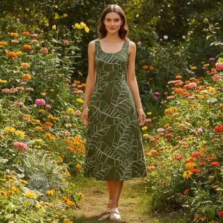 Viskóza se lnem EMBROIDERY Leaves forest green