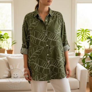 Viskóza se lnem EMBROIDERY Leaves forest green