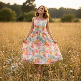 Len s bavlnou Abstract flowers RAMIE orange digital print