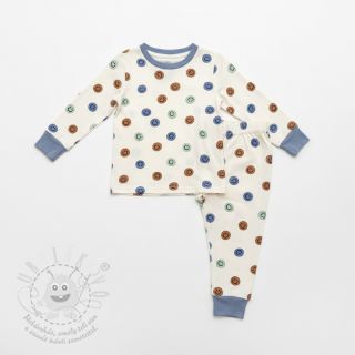 Bavlněná látka FLANNEL Happy faces off white green