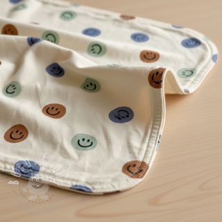 Bavlněná látka FLANNEL Happy faces off white green