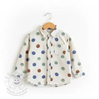 Bavlněná látka FLANNEL Happy faces off white green