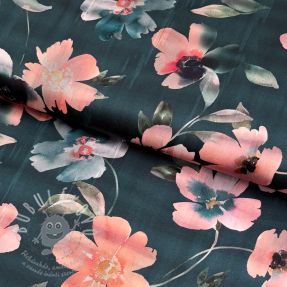 Bavlněná látka SATIN Penny flower petrol digital print