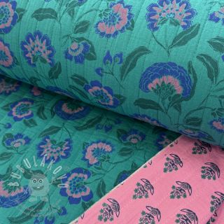 Dvojitá gázovina/mušelín STEPPED Flowers petrol