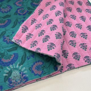 Dvojitá gázovina/mušelín STEPPED Flowers petrol