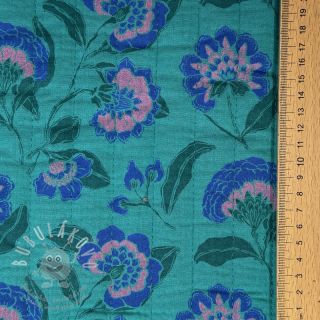 Dvojitá gázovina/mušelín STEPPED Flowers petrol