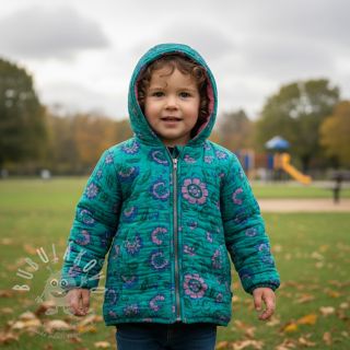 Dvojitá gázovina/mušelín STEPPED Flowers petrol