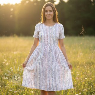 Dvojitá gázovina/mušelín Leaves in stripes digital print ORGANIC