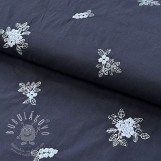 Bavlněná látka VOILE EMBROIDERY Flowers navy