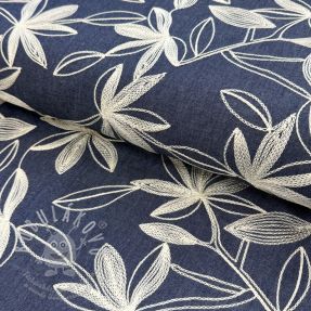 Bavlněná látka JEANS Embroidery Flowers white