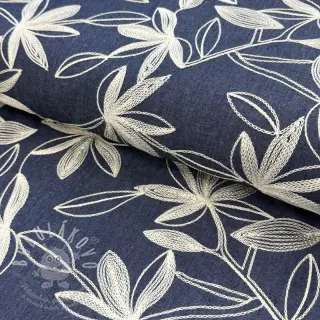 Bavlněná látka JEANS Embroidery Flowers white