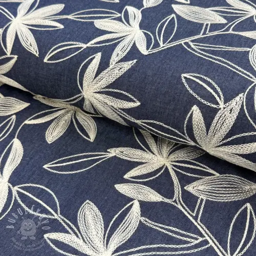 Levně Bavlněná látka JEANS Embroidery Flowers white