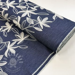 Bavlněná látka JEANS Embroidery Flowers white