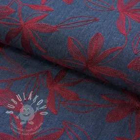 Bavlněná látka JEANS Embroidery Flowers burgundy
