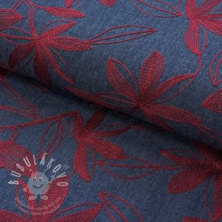 Bavlněná látka JEANS Embroidery Flowers burgundy