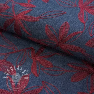 Bavlněná látka JEANS Embroidery Flowers burgundy