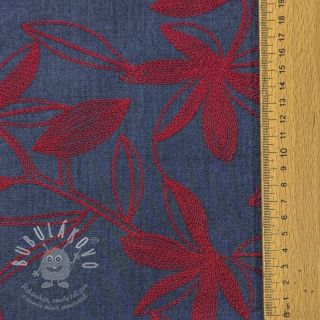 Bavlněná látka JEANS Embroidery Flowers burgundy