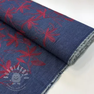 Bavlněná látka JEANS Embroidery Flowers burgundy