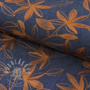 Bavlněná látka JEANS Embroidery Flowers camel
