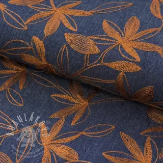 Bavlněná látka JEANS Embroidery Flowers camel