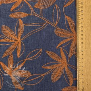 Bavlněná látka JEANS Embroidery Flowers camel