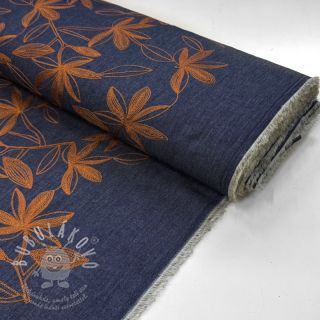 Bavlněná látka JEANS Embroidery Flowers camel