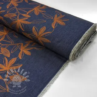 Bavlněná látka JEANS Embroidery Flowers camel