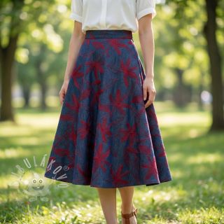 Bavlněná látka JEANS Embroidery Flowers burgundy