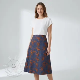 Bavlněná látka JEANS Embroidery Flowers camel