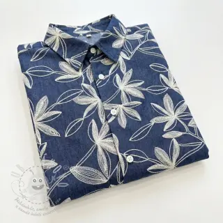 Bavlněná látka JEANS Embroidery Flowers white