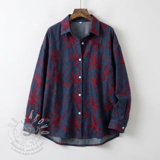 Bavlněná látka JEANS Embroidery Flowers burgundy