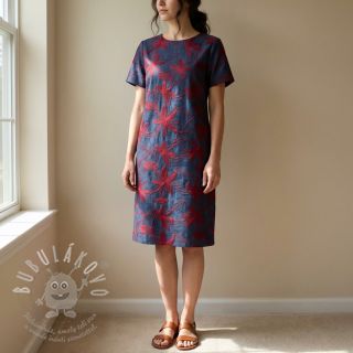 Bavlněná látka JEANS Embroidery Flowers burgundy