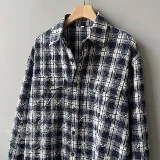 Bavlněná látka YARN DYED BRUSHED Check EMBROIDERY navy