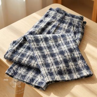 Bavlněná látka YARN DYED BRUSHED Check EMBROIDERY navy