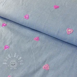 Bavlněná látka Stripes Sequins Hearts blue