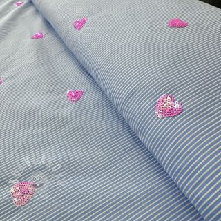 Bavlněná látka Stripes Sequins Hearts blue