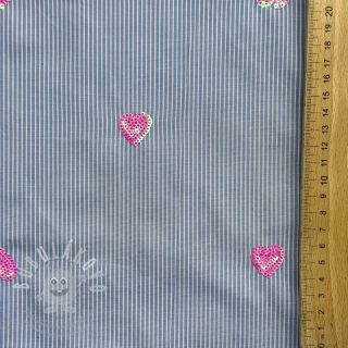 Bavlněná látka Stripes Sequins Hearts blue